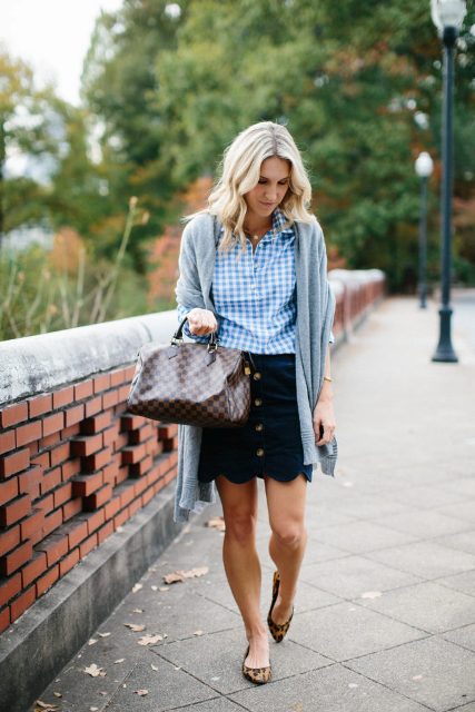 With checked button down shirt, gray cardigan, printed bag and leopard flats