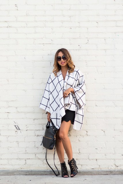 With checked cardigan, leather bag and cutout boots