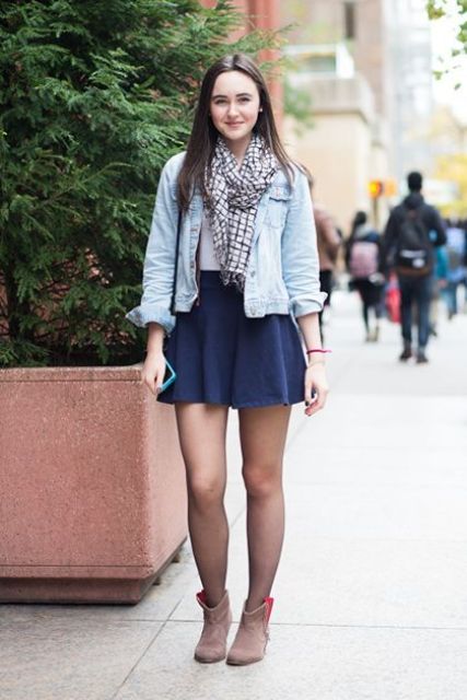 With denim jacket, checked scarf and ankle boots