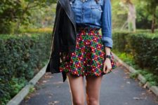 With denim shirt, leather jacket and black pumps