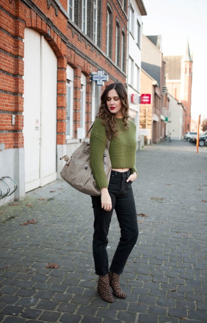With jeans, leopard ankle boots and gray tote