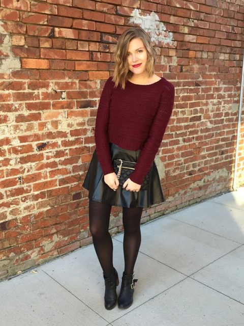 With marsala shirt, black tights, black ankle boots and clutch