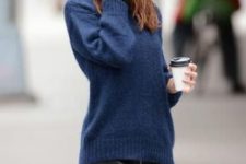 With navy blue long sweater