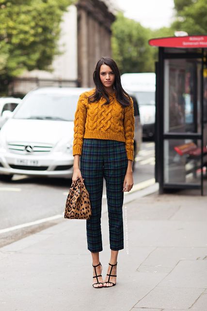 With plaid trousers, leopard bag and black high heels