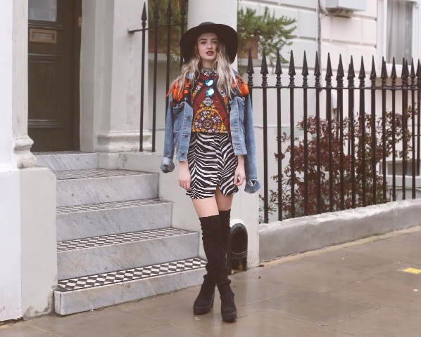 With printed shirt, denim jacket, wide brim hat and over the knee boots