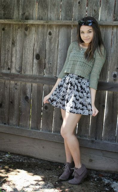 With printed skater skirt and ankle boots