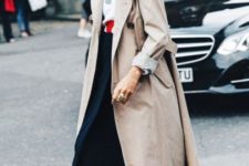 With shirt, midi skirt and beige trench coat