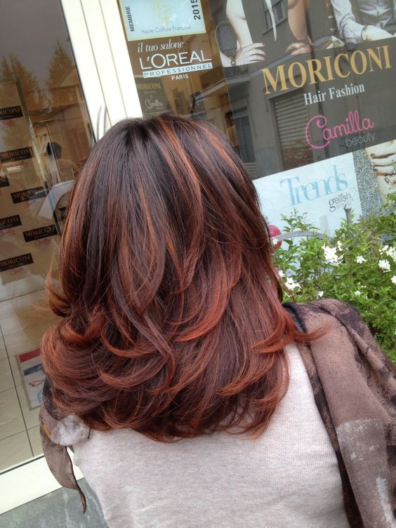 A medium length black butterfly haircut with auburn highlights and a lot of volume, with curled ends, is wow