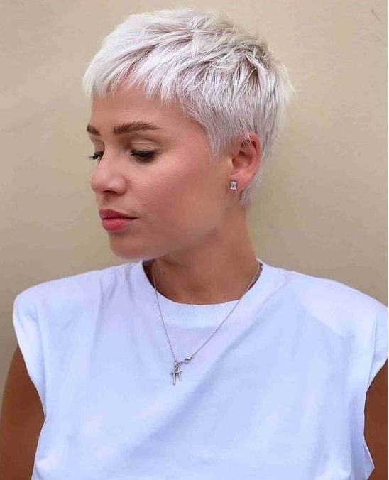 an icy blonde short pixie with textured volume is a lovely idea if you wanna look modern and really bold