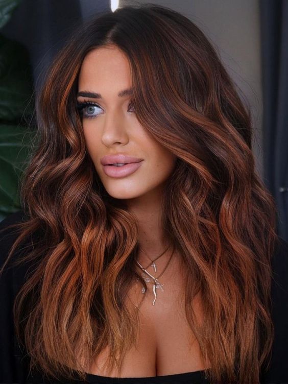 black long hair with auburn and copper highlights, with volume and waves, is a super eye-catchy and chic idea