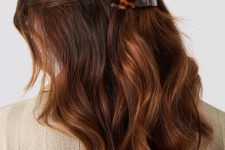 long auburn hair with copper highlights, with waves and some hairpins is a lovely and catchy solution to rock