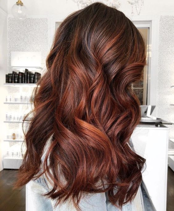 Long black hair with auburn highlights, with a lot of volume and waves, is a stylish and eye catchy idea for the fall