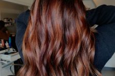 long dark brunette hair with auburn touches and waves, with volume, looks adorable, it will be fantastic for the fall