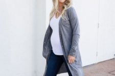 navy ripped skinnies, a white t-shirt, a long grey cardigan and checked slipons for comfort