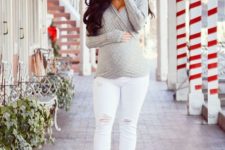white jeans, a grey wrap sweater, beige booties for a stylish fall look
