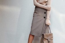 02 a blush sweater, a plaid skirt, nude heels and an elegant suede bag for winter