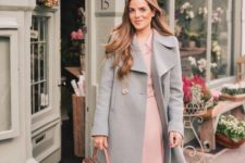 03 a blush midi dress, a powder blue coat, a brown bag and boots for a glam feel