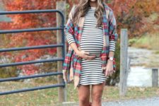 06 a striped over the knee dress, red rubber boots, a checked scarf as a coverup for a comfy fall look