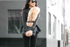 07 a grey peplum top, black cropped pants, a black clutch and a faux fur scarf with a belt