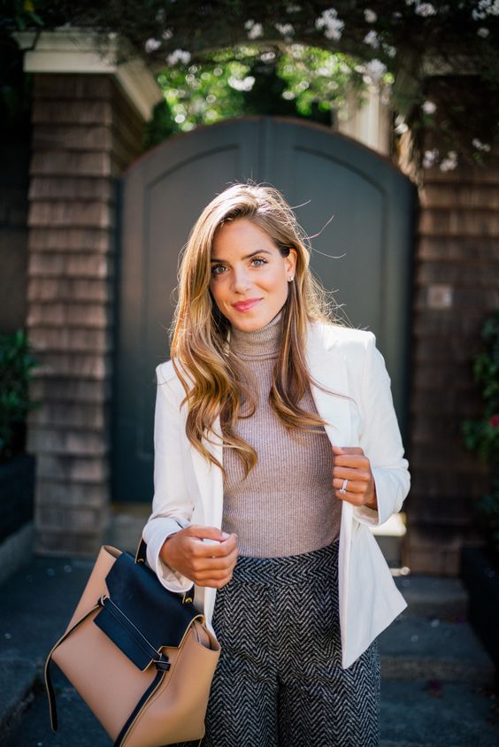 tweed pants, a blush turtleneck, a white blazer and a beige Celine bag for a chic and girlish work look