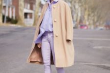 11 a lavender look with pants and an oversized shirt, a camel coat and leopard heels to look bold