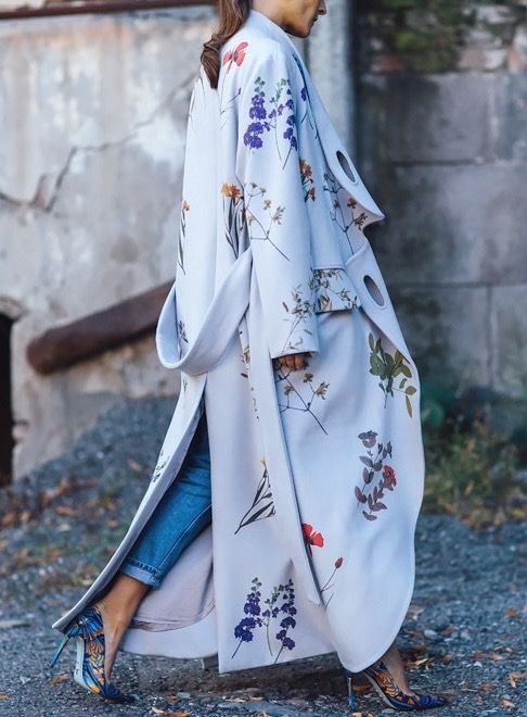 a neutral maxi coat with natural flower prints and printed shoes for a trendy fall look