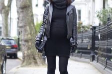 14 a black sweater dress with an infinity scarf, black tights, booties and a leather jacket plus gloves