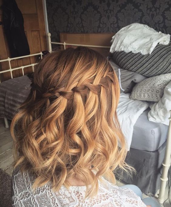 a wavy bob with a waterfall braid looks very cute and romantic, give it a try