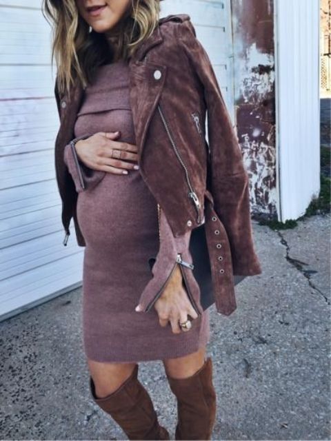 a pink off the shoulder sweater dressm brown tall boots, a cognac suede jacket for a date