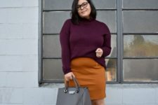 15 a rust knee skirt, a plum-colored turtleneck, fuchsia velvet booties and a grey bag