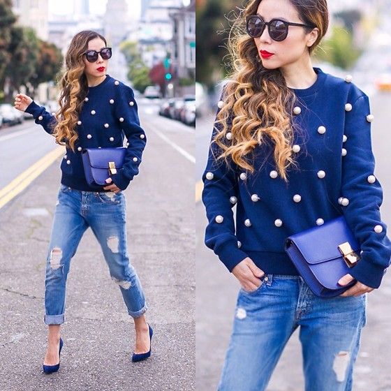 a pearl sweatshirt is a bold and modern idea to rock pearls