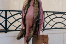 16 a pink sweater dress, black sock boots, a printed scarf and a brown bag for maximal comfort