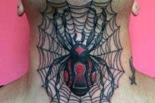 Black and red spider and web tattoo on the neck