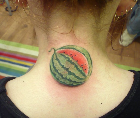 Cute watermelon tattoo on the neck