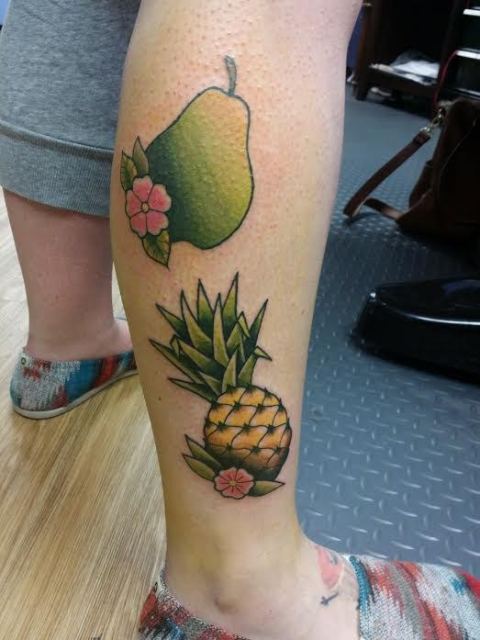 Fruit tattoos on the leg