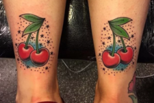 Matching tattoos on the legs