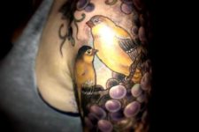 Two birds and grapes tattoo on the arm