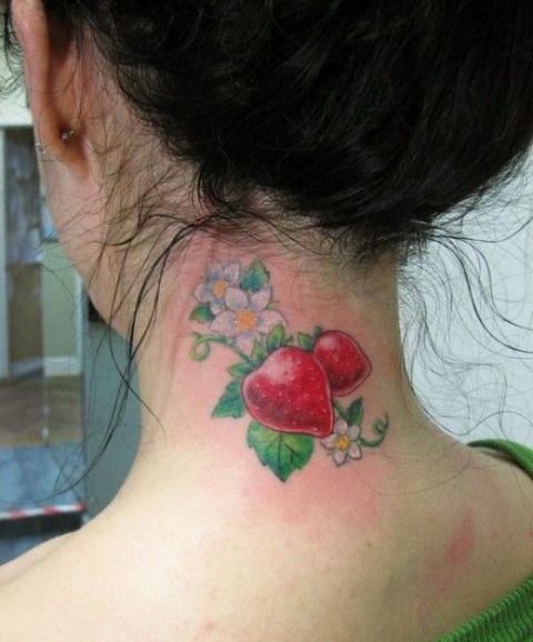 Two strawberries and flowers tattoo on the neck