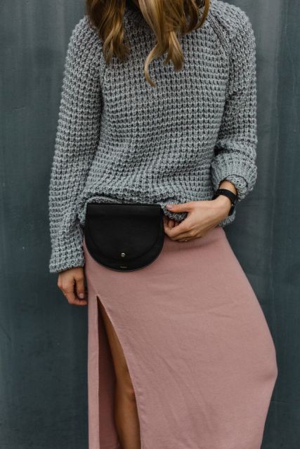 With gray sweater and pale pink maxi skirt