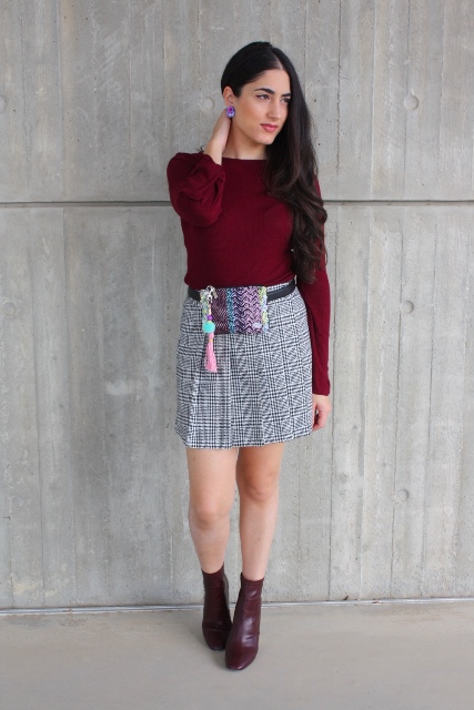 With marsala shirt, marsala leather ankle boots and printed mini skirt