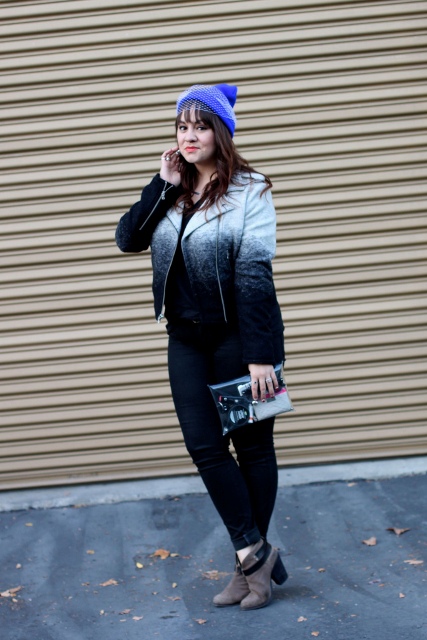 With ombre jacket, jeans, clutch and suede boots