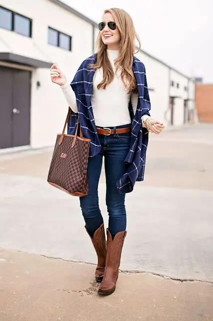 With white turtleneck, plaid scarf, printed tote and jeans