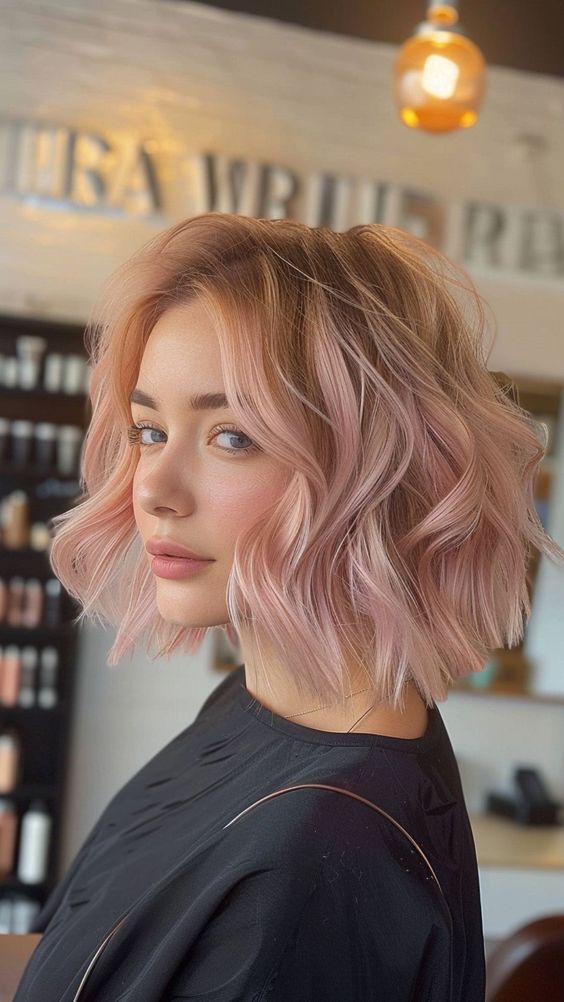 a beautiful wavy strawberry blonde bob with a darker root and much volume is a very cool and cute idea