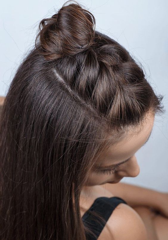 a half updo with a loose braid on top, a top knot and some hair down is amazing