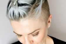 a long grey pixie haircut done with a braid on top is a cool and catchy idea to look super nice