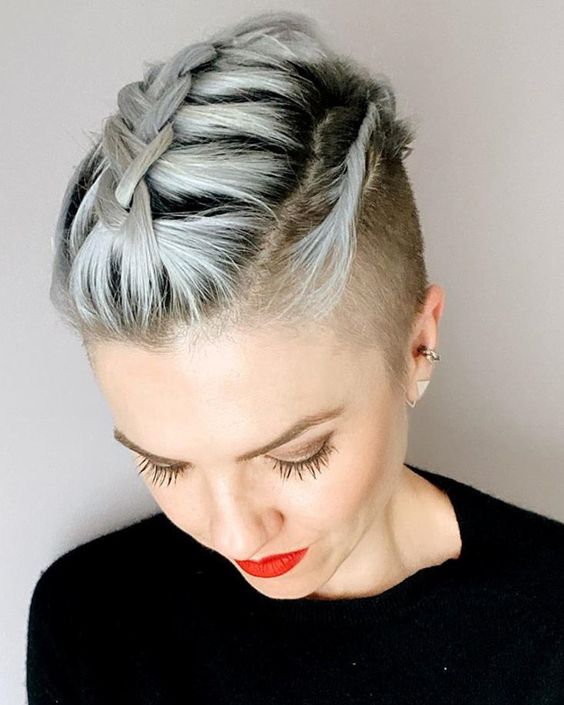 a long grey pixie haircut done with a braid on top is a cool and catchy idea to look super nice
