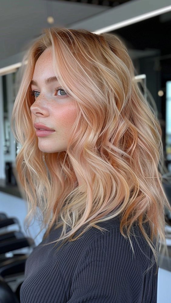 medium-length blonde wavy hair with strawberry blonde balayage and a lot of volume is a very chic and cool idea