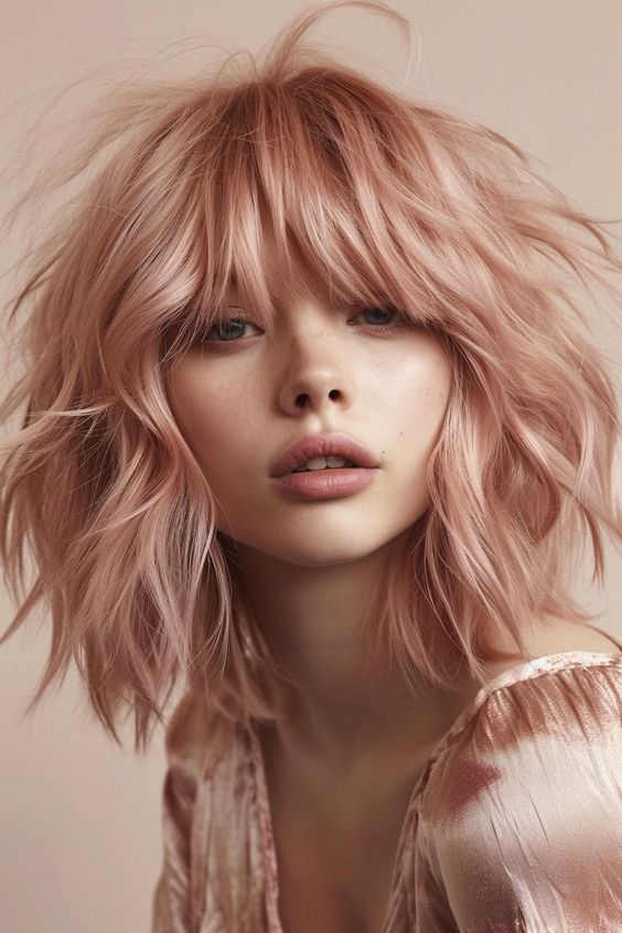 Medium length strawberry blonde shaggy hair with outgrown fringe and waves is a gorgeous idea for a messy chic look
