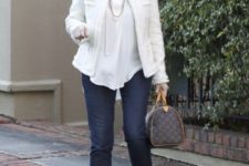 navy jeans, nude heels, a white top, a white blazer, layered necklaces and a classic bag