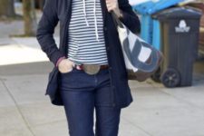 navy jeans, white sneakers,, a striped hoodie, a plaid shirt, a navy cardigan for a comfy weekened look